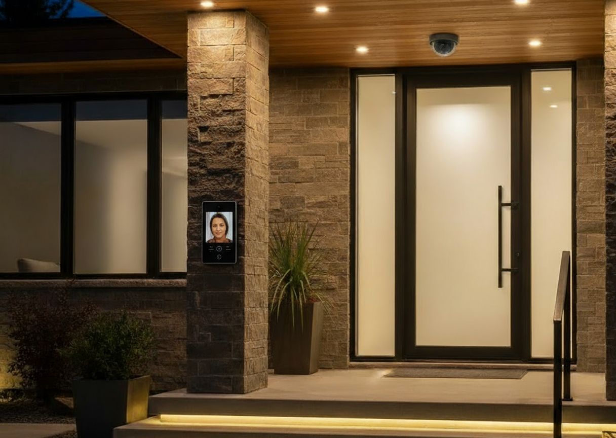 Modern home with illuminated entry and integrated smart intercom system for secure, automated access.