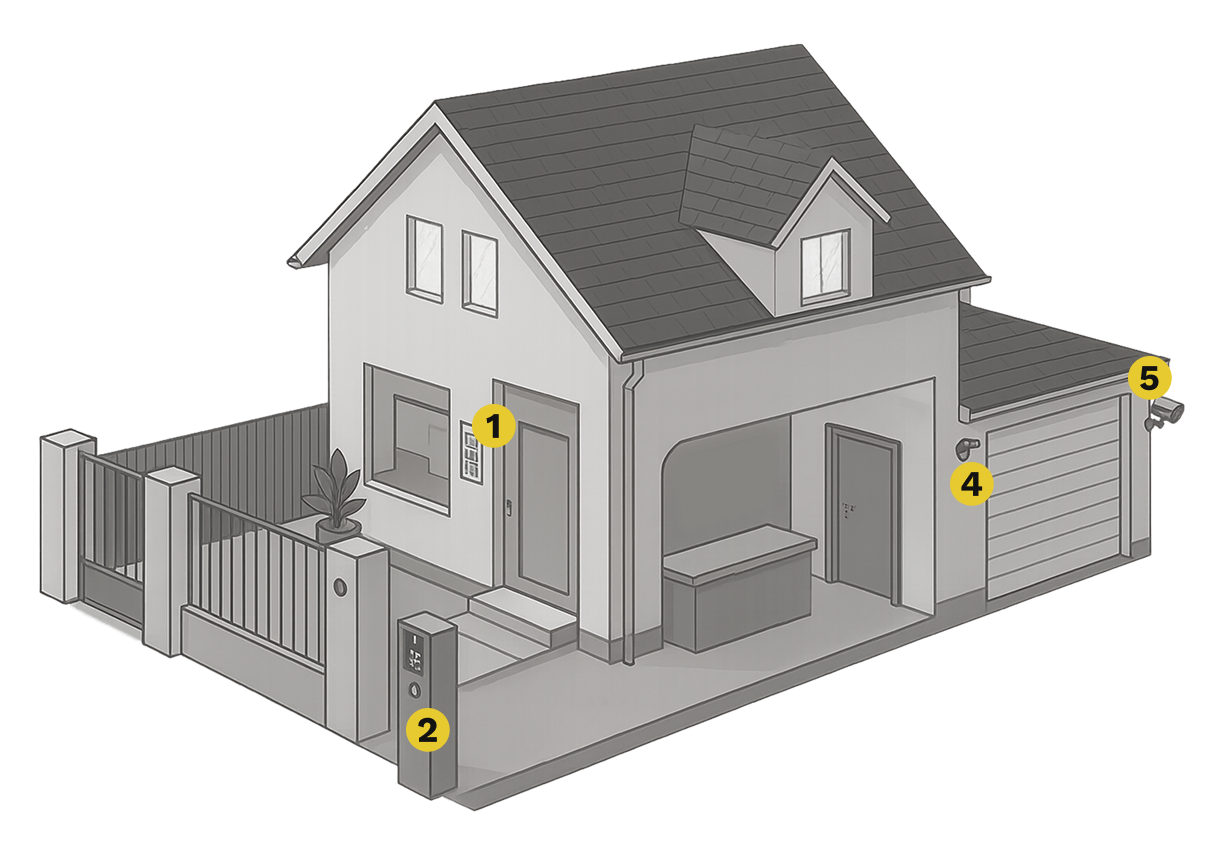 3D diagram showing door, gate, and garage integration points for TR Electronics intercom and access control systems.