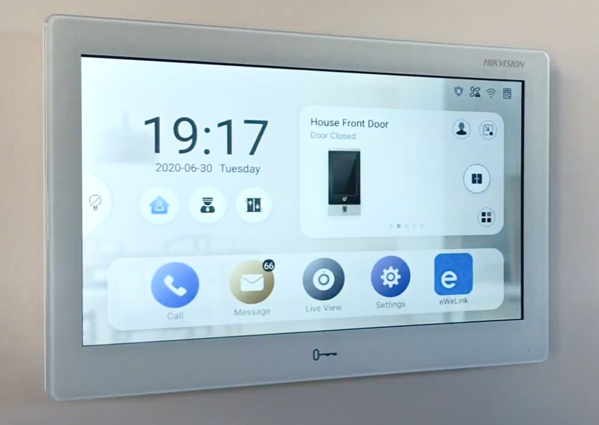 Smart wall-mounted alarm control panel showing live system status and zone monitoring by TR Electronics.