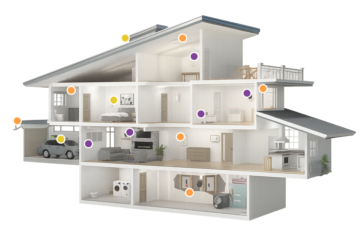 Illustrated diagram showing sensors, keypads, and smart alarm connections across a home.