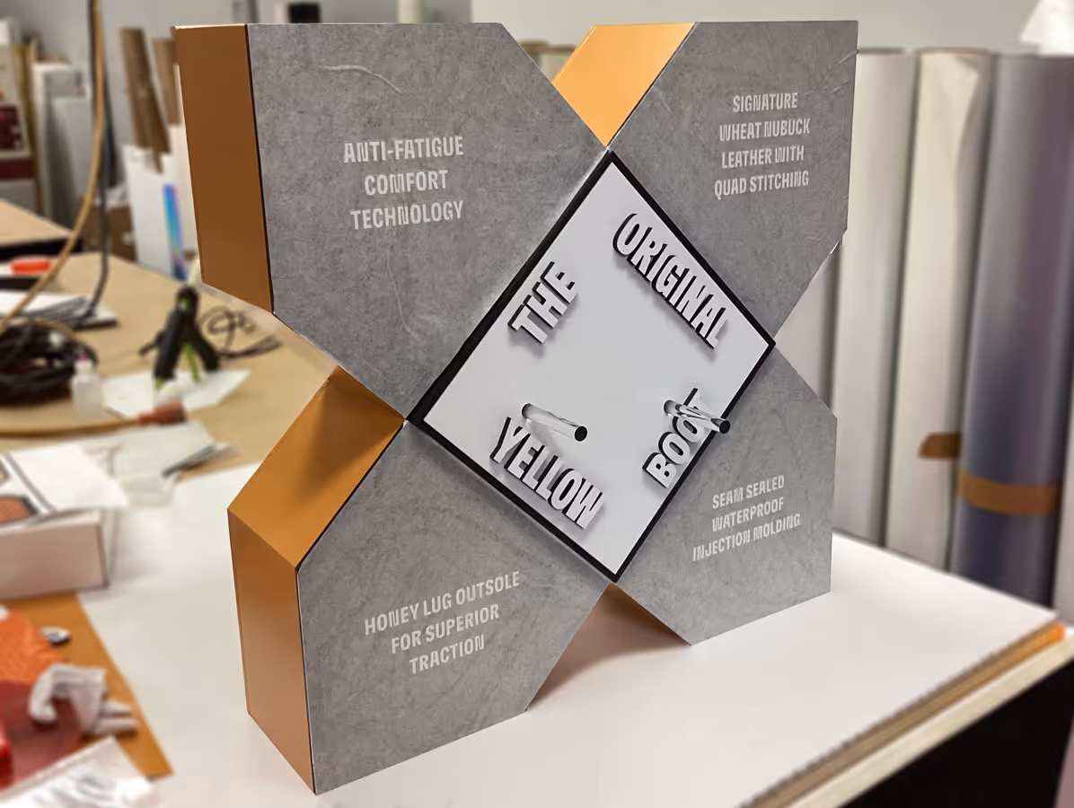 Box with cross shape design featuring text highlighting shoe features such as anti-fatigue comfort technology, signature wheat nubuck leather with quad stitching, honey lug outsole for superior traction, and seam sealed waterproof injection molding.