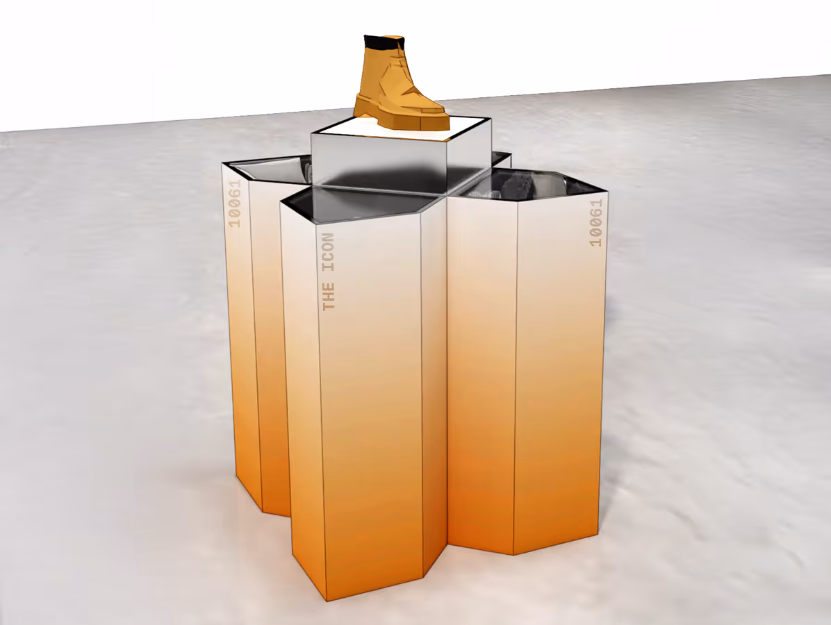 Orange gradient hexagonal retail displays with a brown boot on the center top platform.