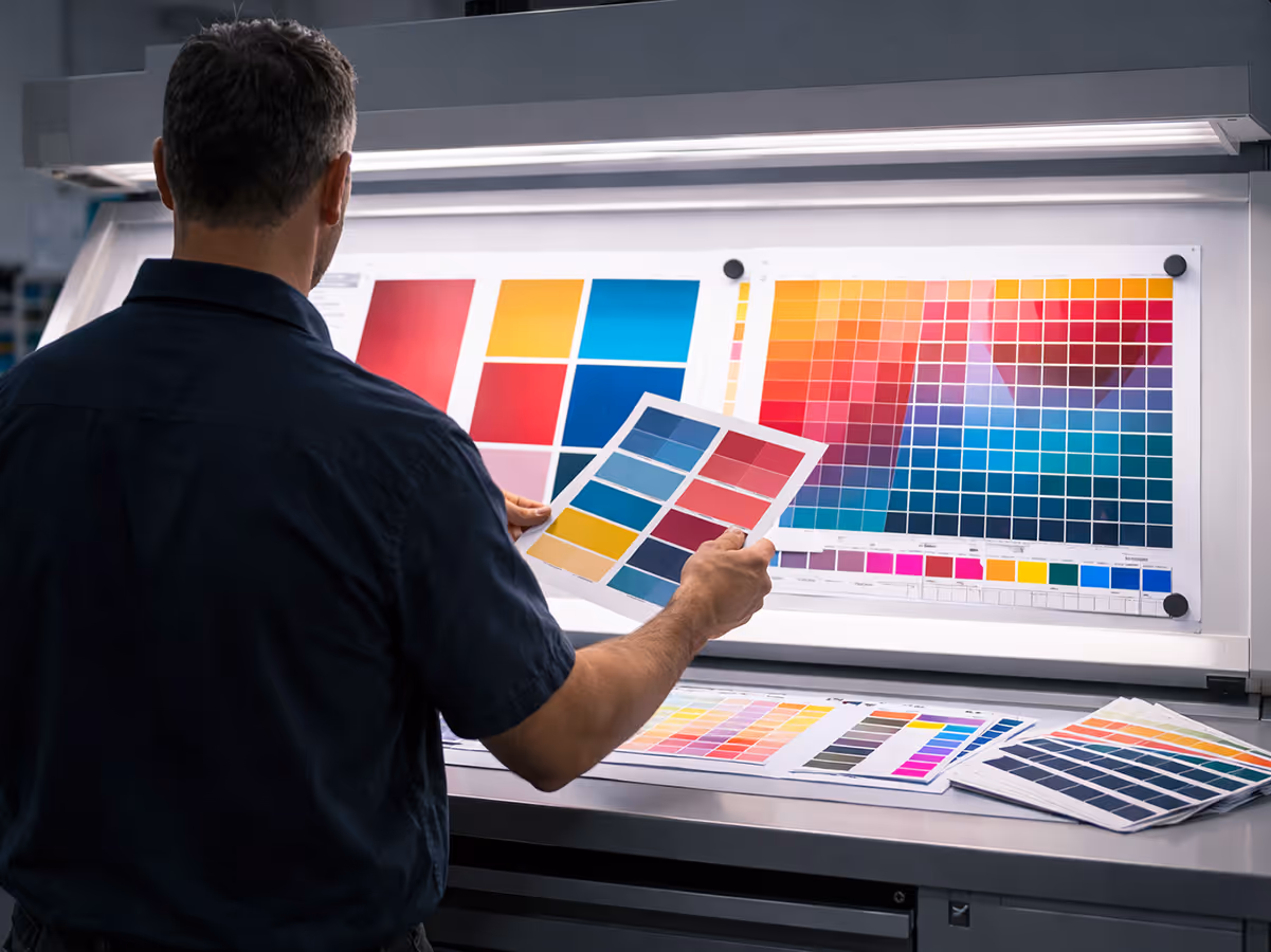 Man examining colorful printed color swatches under a large lightbox.