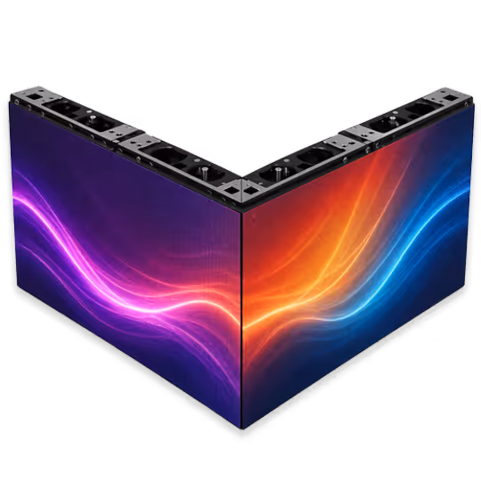 Two angled LED display panels forming a corner with colorful purple, pink, orange, and blue wave-like light patterns.