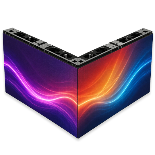 Two angled LED display panels forming a corner with colorful purple, pink, orange, and blue wave-like light patterns.