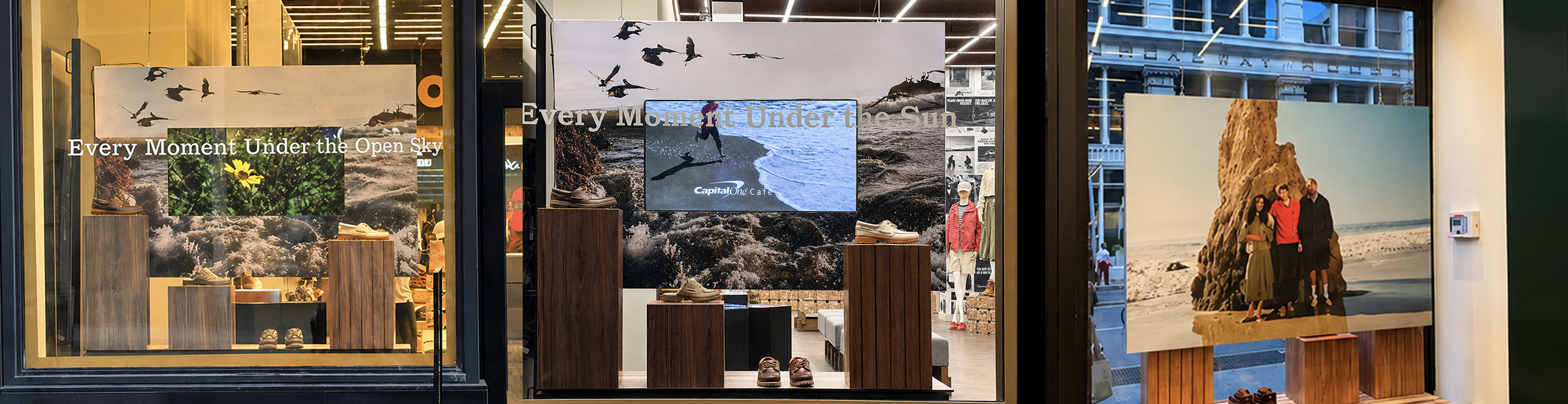 Step-by-step design process of a hexagonal shelf display showcasing a boot and its material details.
