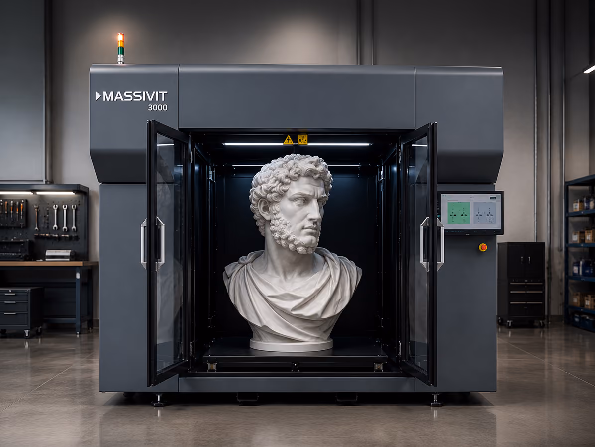 Massivit 3000 3D printer with open doors showing a large bust sculpture inside in a workshop.