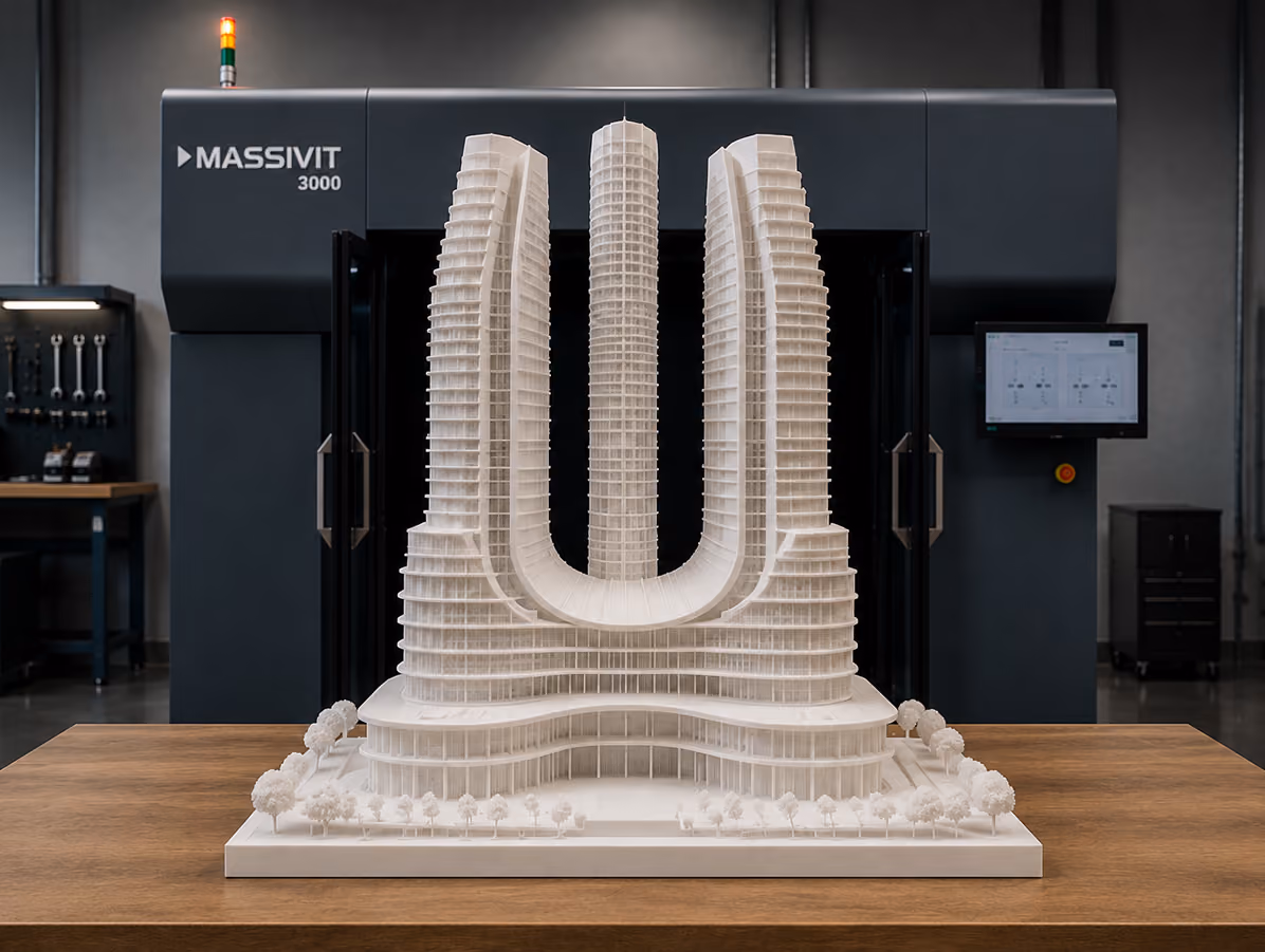 White architectural 3D Printed model of three curved skyscrapers with surrounding trees on a wooden table.