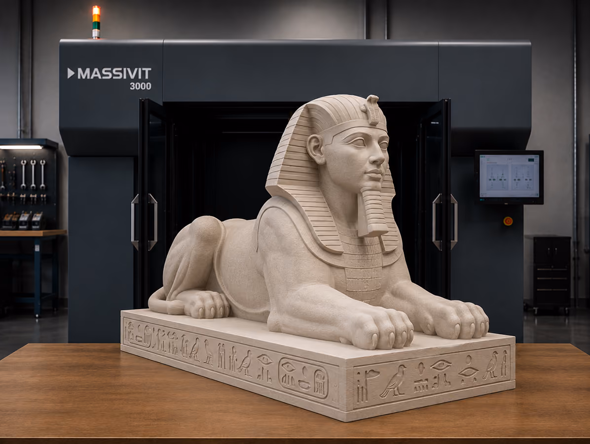 Detailed beige 3D printed sphinx statue with hieroglyphs on base in front of a Massivit 3000 3D printer.