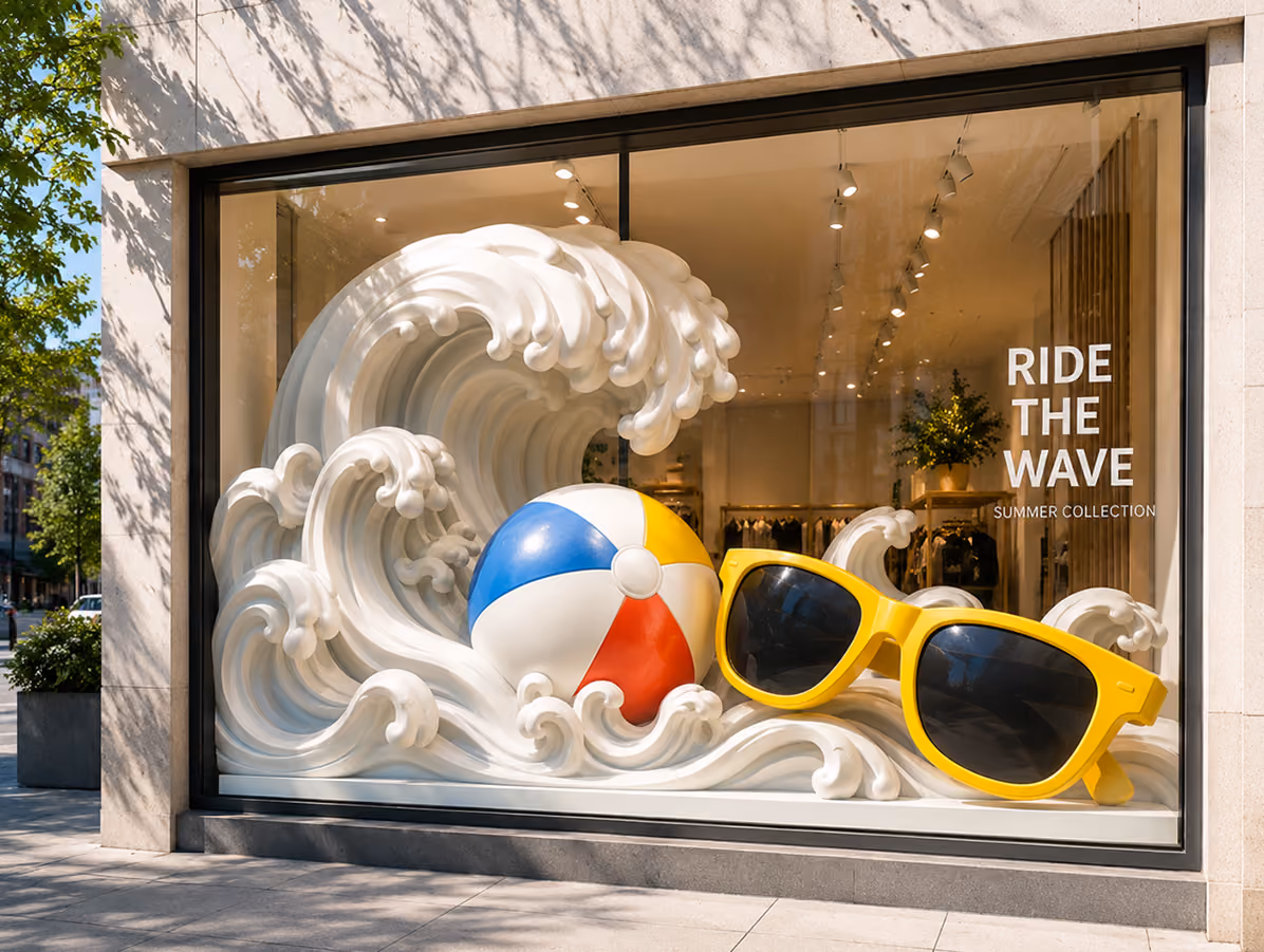 Store window display with large 3D Printed wave sculpture, colorful beach ball, and oversized 3d Printed yellow sunglasses.