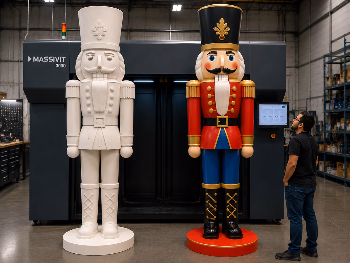 Two giant 3D printed nutcracker figures, one plain white and one custom painted, standing next to a man indoors.