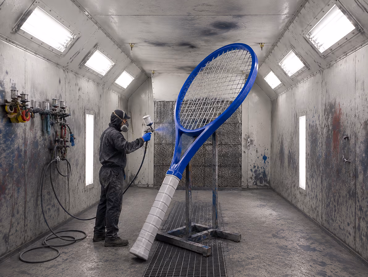 Person in protective gear spray paints a giant blue tennis racket in a painting booth.