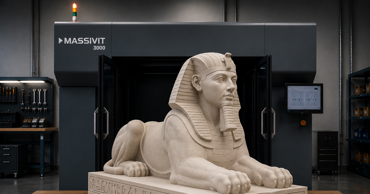 Large modern industrial 3D printer labeled MASSIVIT 3000 with its doors open, displaying a detailed beige sphinx sculpture sitting on a table in a workshop with tools and shelves in the background.