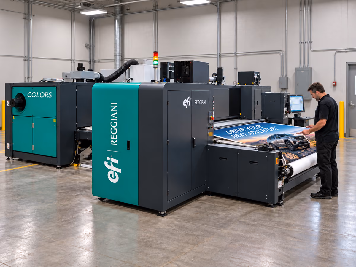 A man in black clothes operates a large EFI Reggiani industrial printer in a spacious, clean factory, printing a banner with a car and text reading 'DRIVE YOUR NEXT ADVENTURE'.