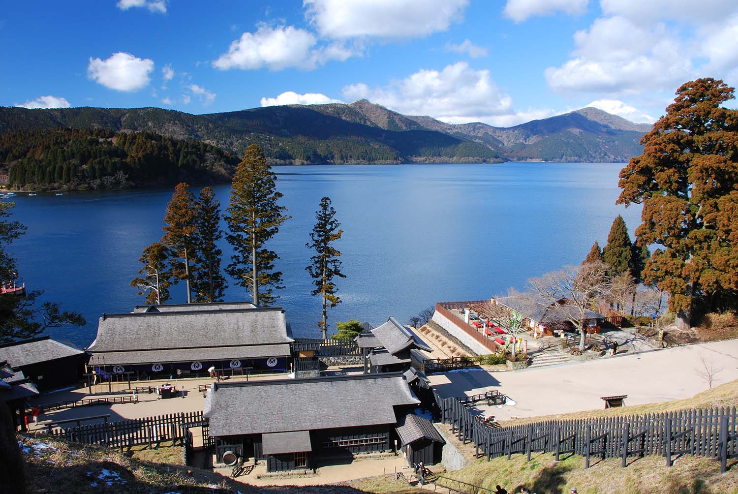 The reconstructed barrier gates of the Hakone Checkpoint beside Lake Ashi