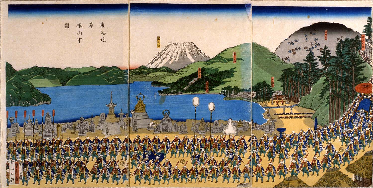 A historic depiction of a daimyo procession travelling the Old Tokaido