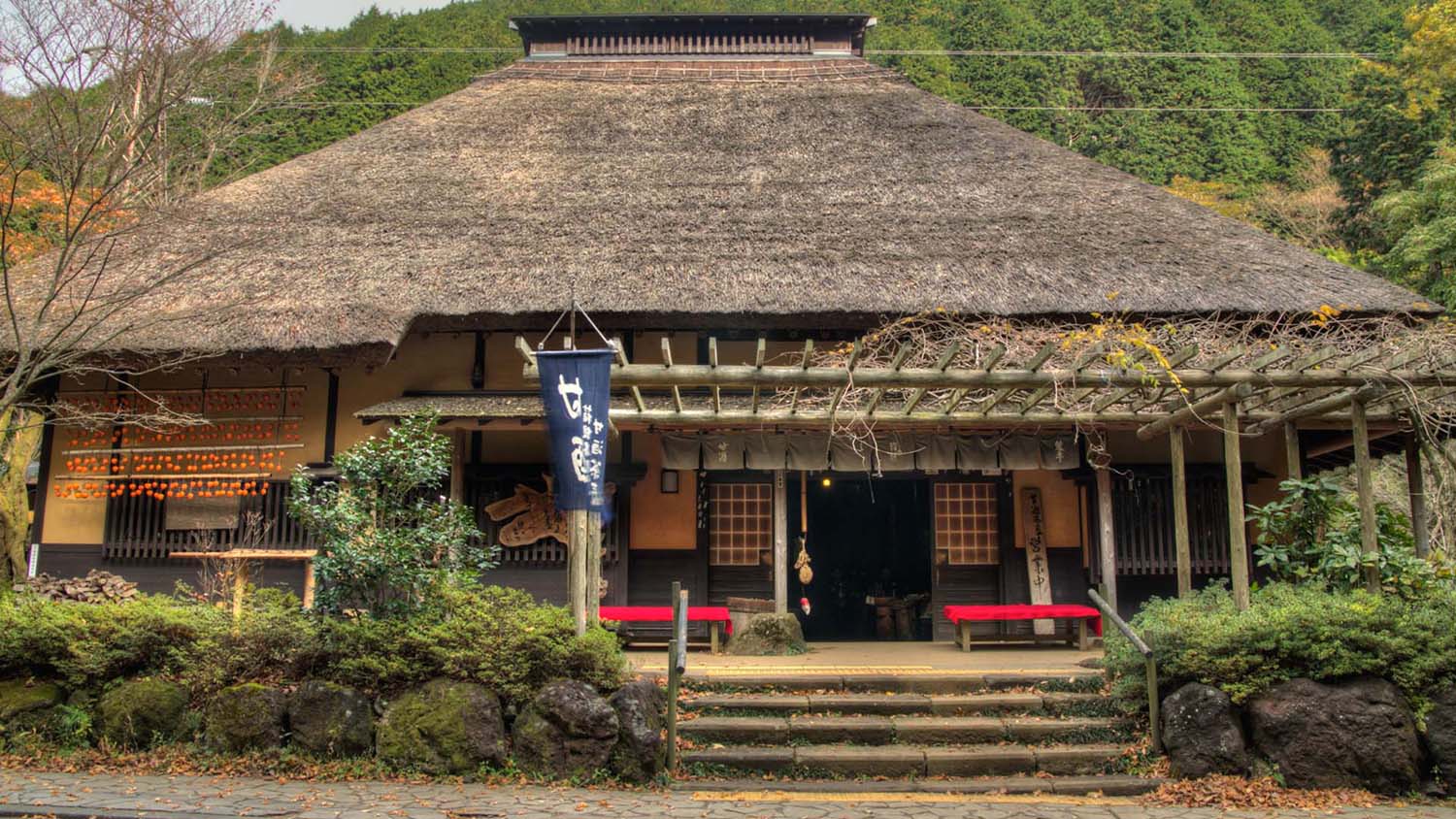 The thatched roof of Amasake Chaya, a 400-year-old teahouse on the Old Tokaido in Hakone
