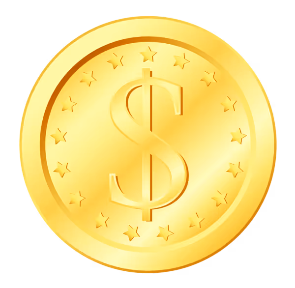 Shiny gold coin with a dollar sign in the center and surrounded by stars.