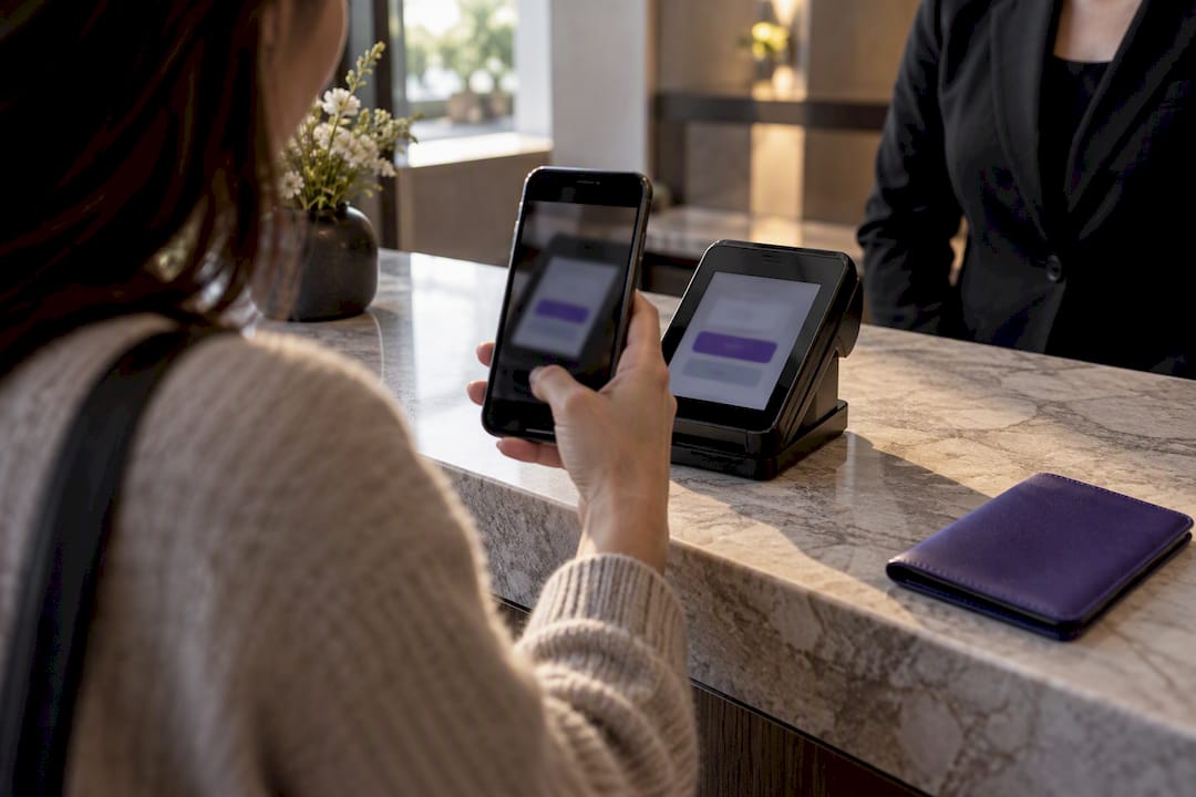 Traveler photographing a payment terminal screen