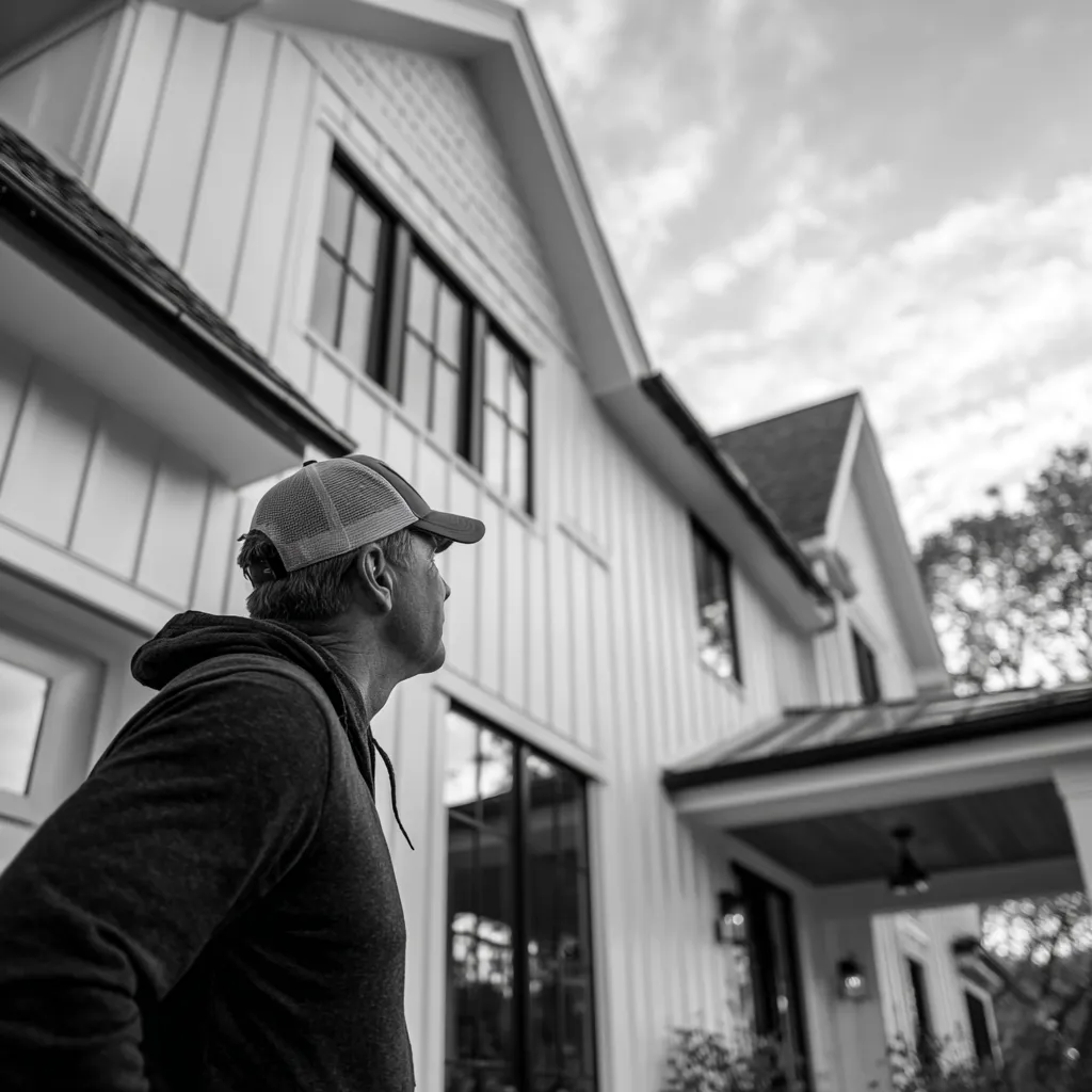 Man wearing a baseball cap and hoodie looking up at a modern two-story house with large windows.