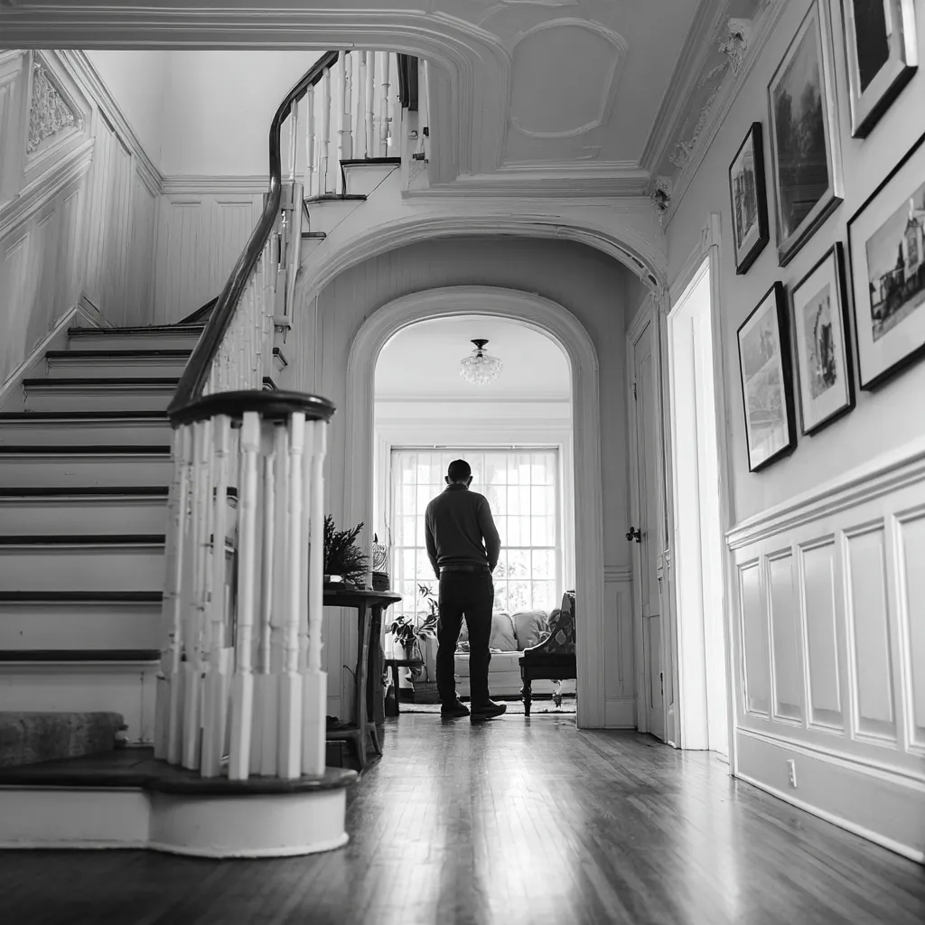 Black and white photo of a man standing in a hallway near an archway with a staircase on the left and framed pictures on the right wall.