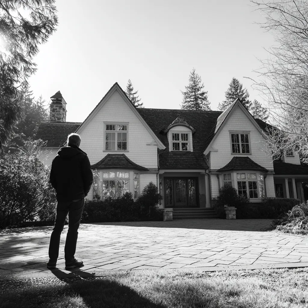 Person standing in front of a large two-story house with steep roofs and multiple windows.