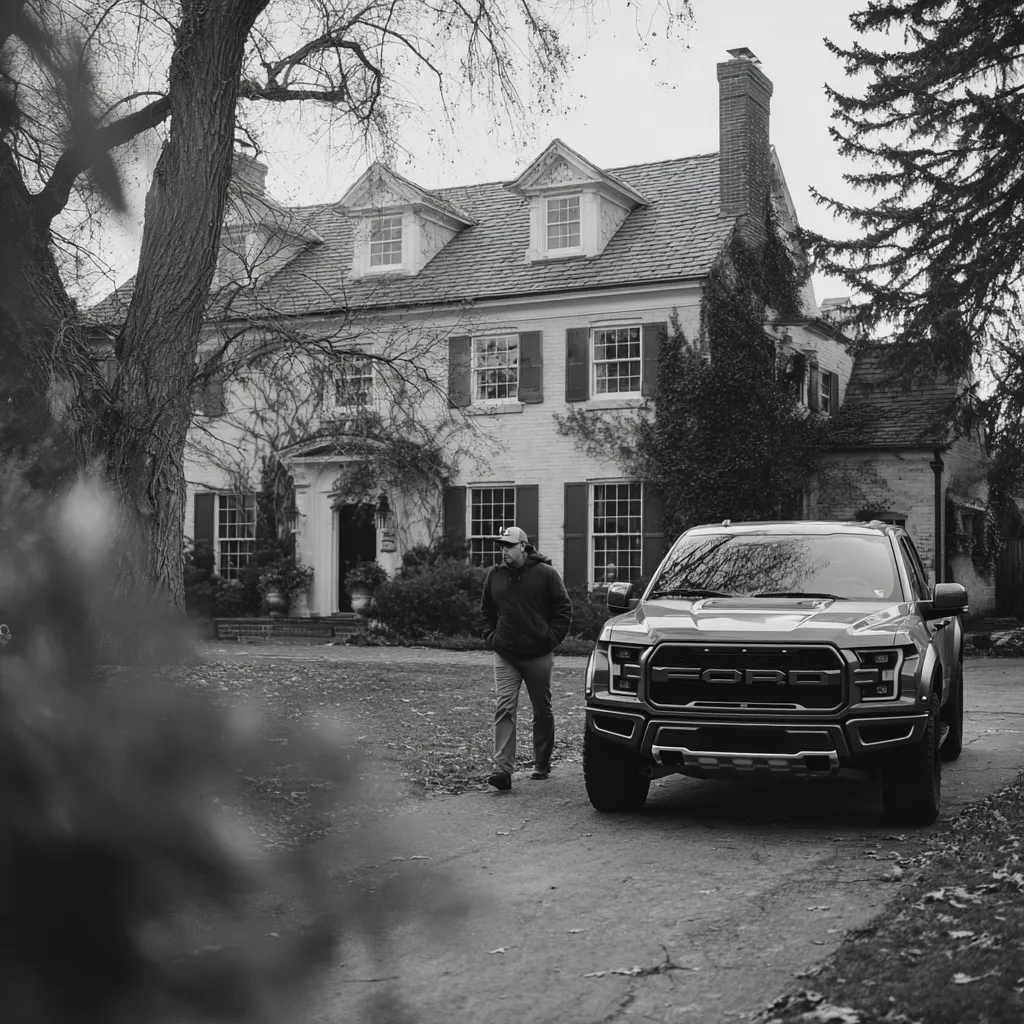 Man walking next to a parked Ford truck on a driveway in front of a large two-story house with shutters and dormer windows.