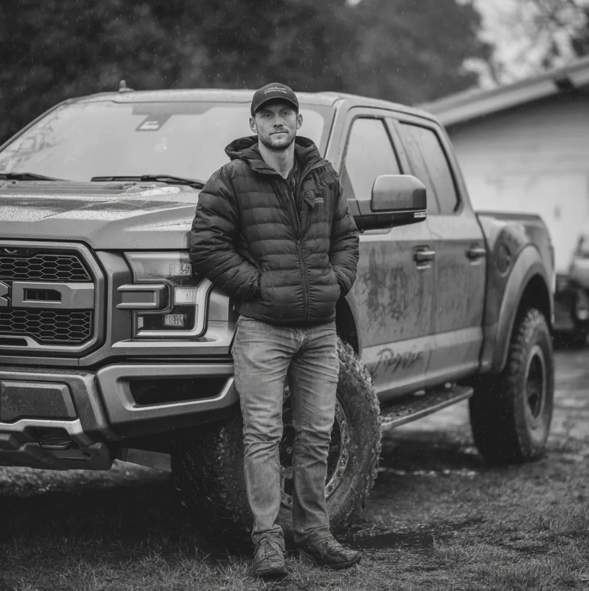 Man wearing a puffer jacket and cap standing with hands in pockets in front of a large pickup truck on a rainy day.