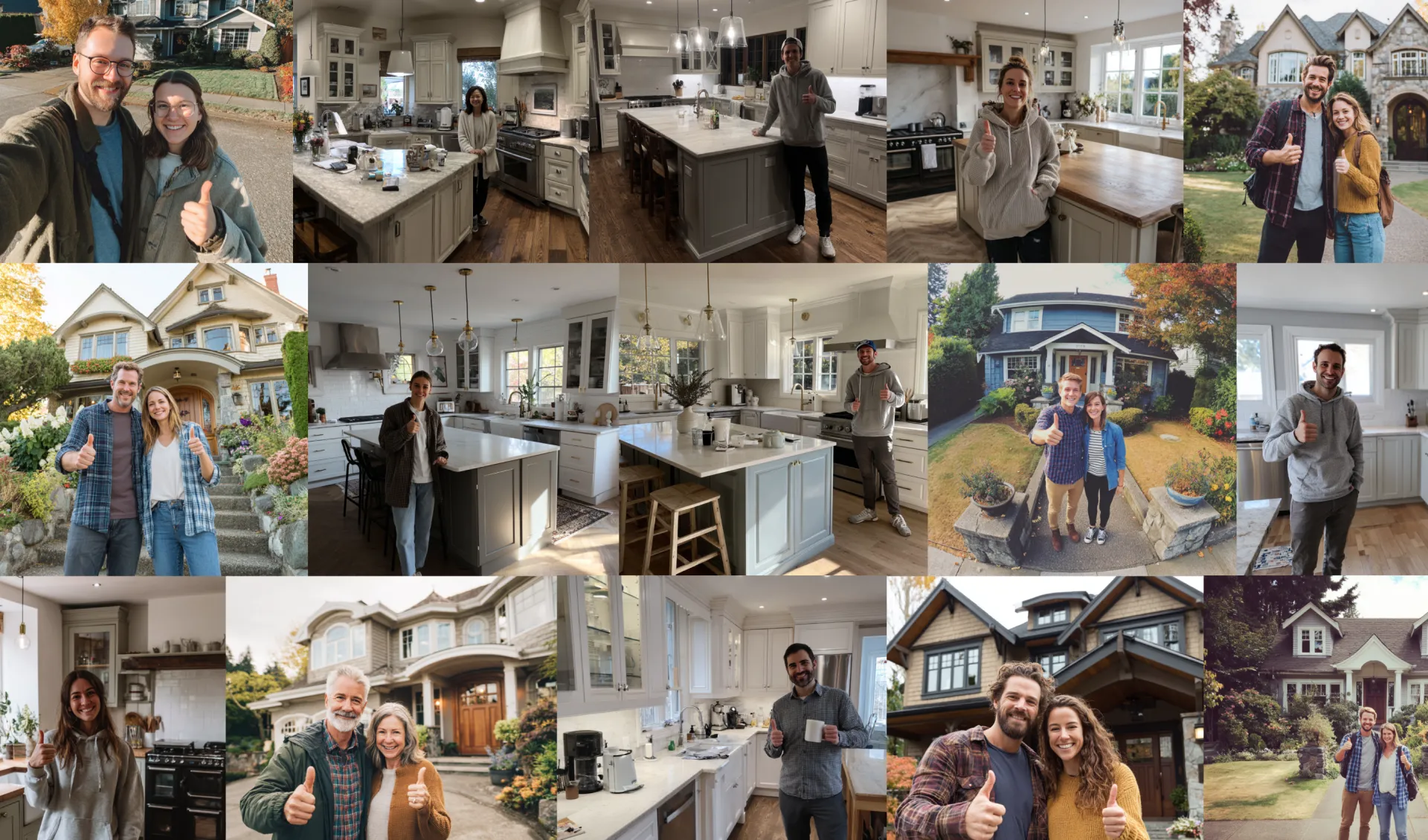 Collage of various people giving thumbs up in modern kitchens and standing outside different houses.