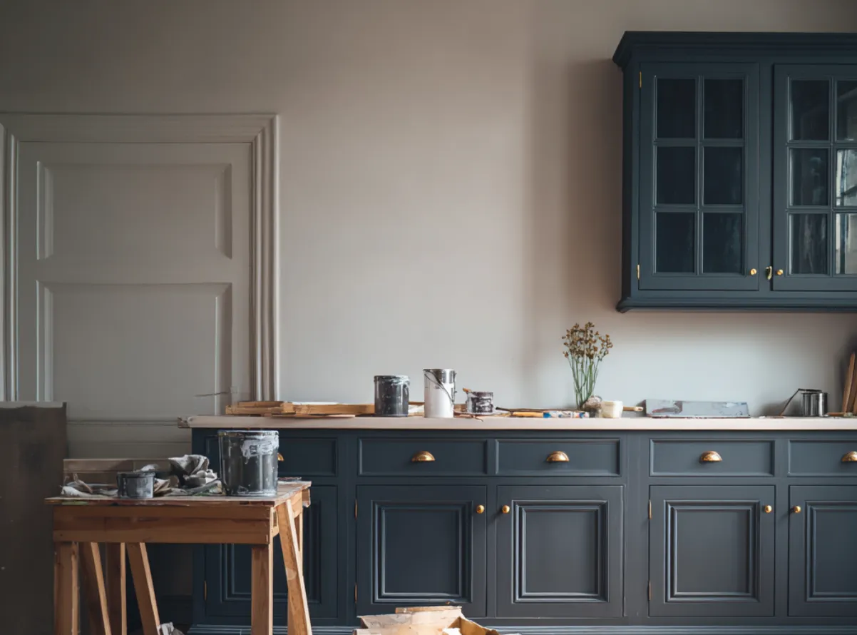 Dark blue kitchen cabinets with gold handles under a wooden countertop, surrounded by painting supplies and a wooden work table.