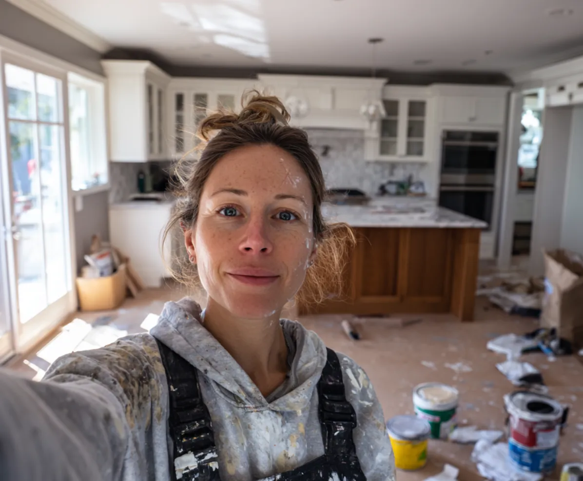 Woman wearing paint-splattered clothes taking a selfie in a kitchen under renovation with paint cans and supplies on the floor.