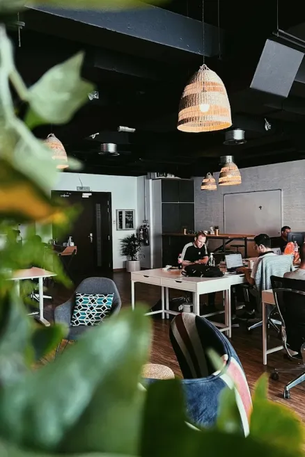 Modern office space with people working on laptops at desks, pendant lights overhead, and plants in the foreground.