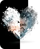 Ícone abstrato de olho em diamante, preto e laranja.