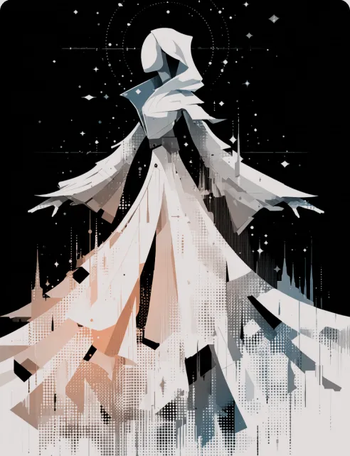 Arte digital minimalista: figura mística de capuz branco e laranja em fundo espacial preto.