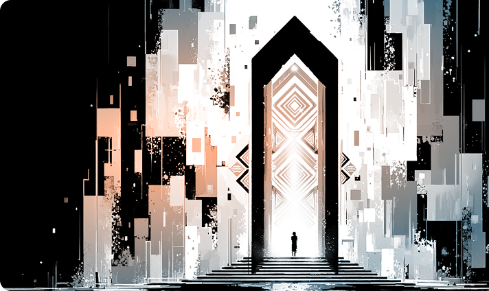 Ilustração de arquitetura digital: pessoa diante de portal geométrico brilhante em meio a formas abstratas preto, branco e laranja.