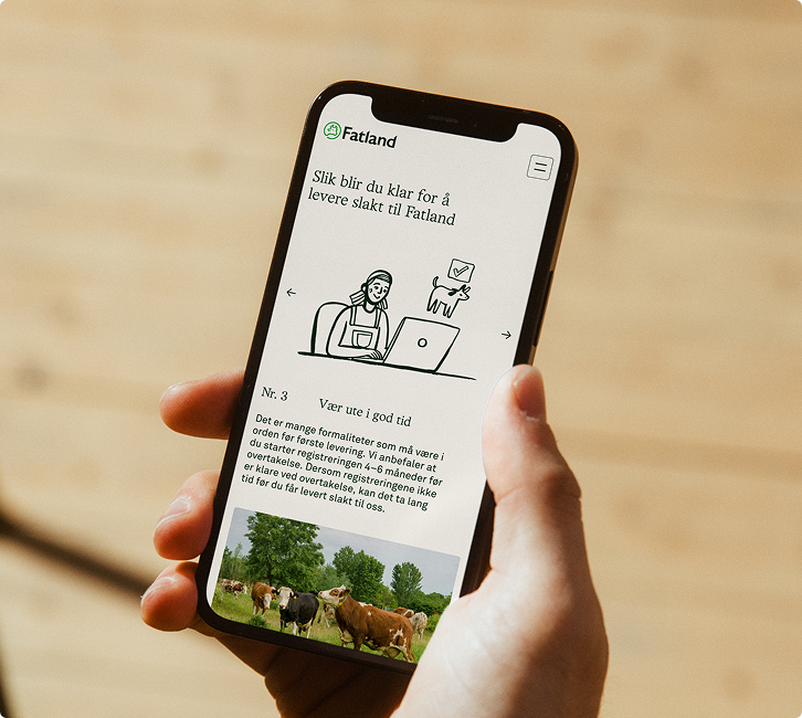 Mobiltelefon med Fatland-nettside som viser instruksjoner for å bli klar til å levere slakt, inkludert en illustrasjon av en person ved en datamaskin og et bilde av kyr i en eng.