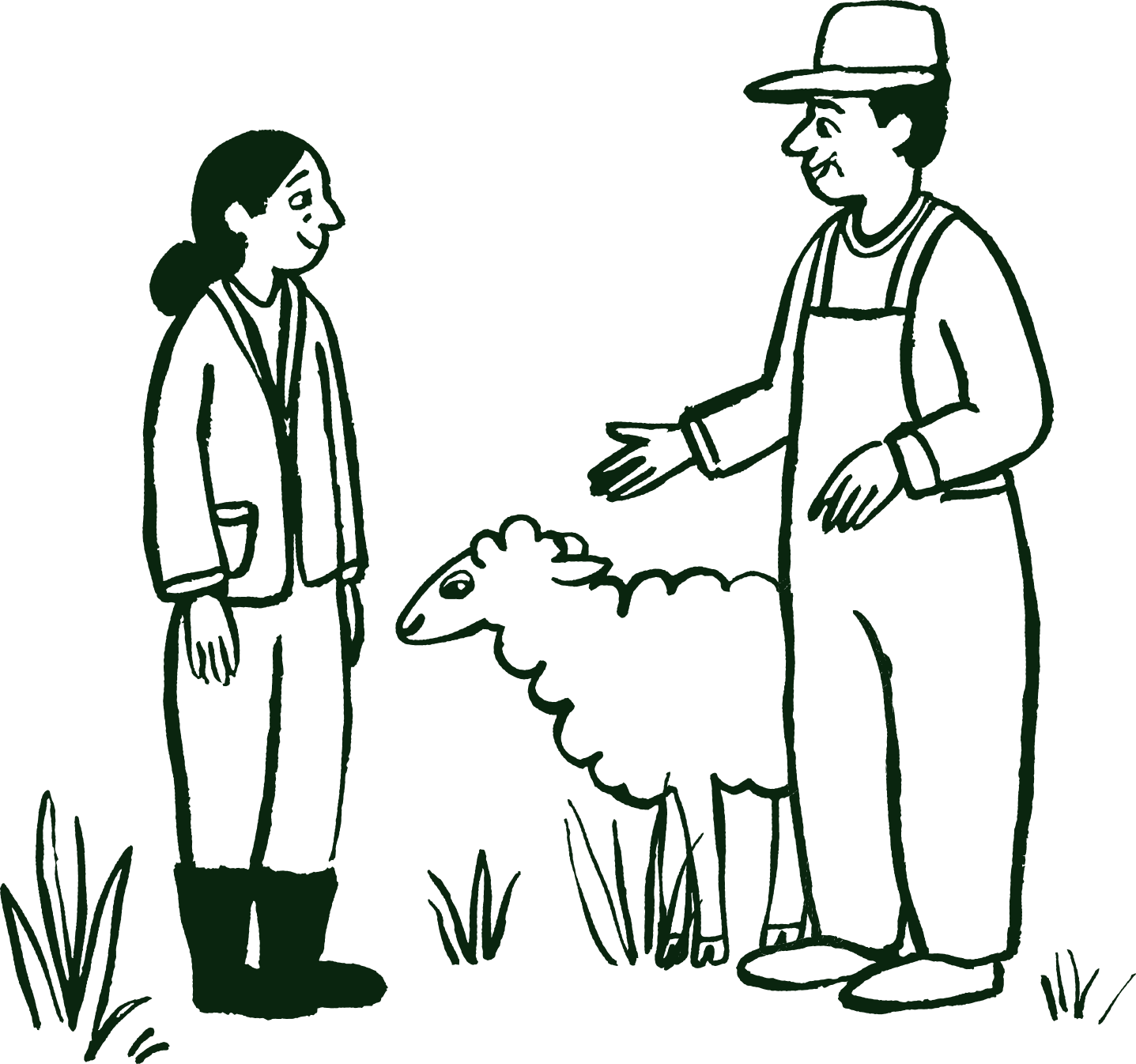 To personer står ute med et sauedyr mellom seg, omgitt av gress.