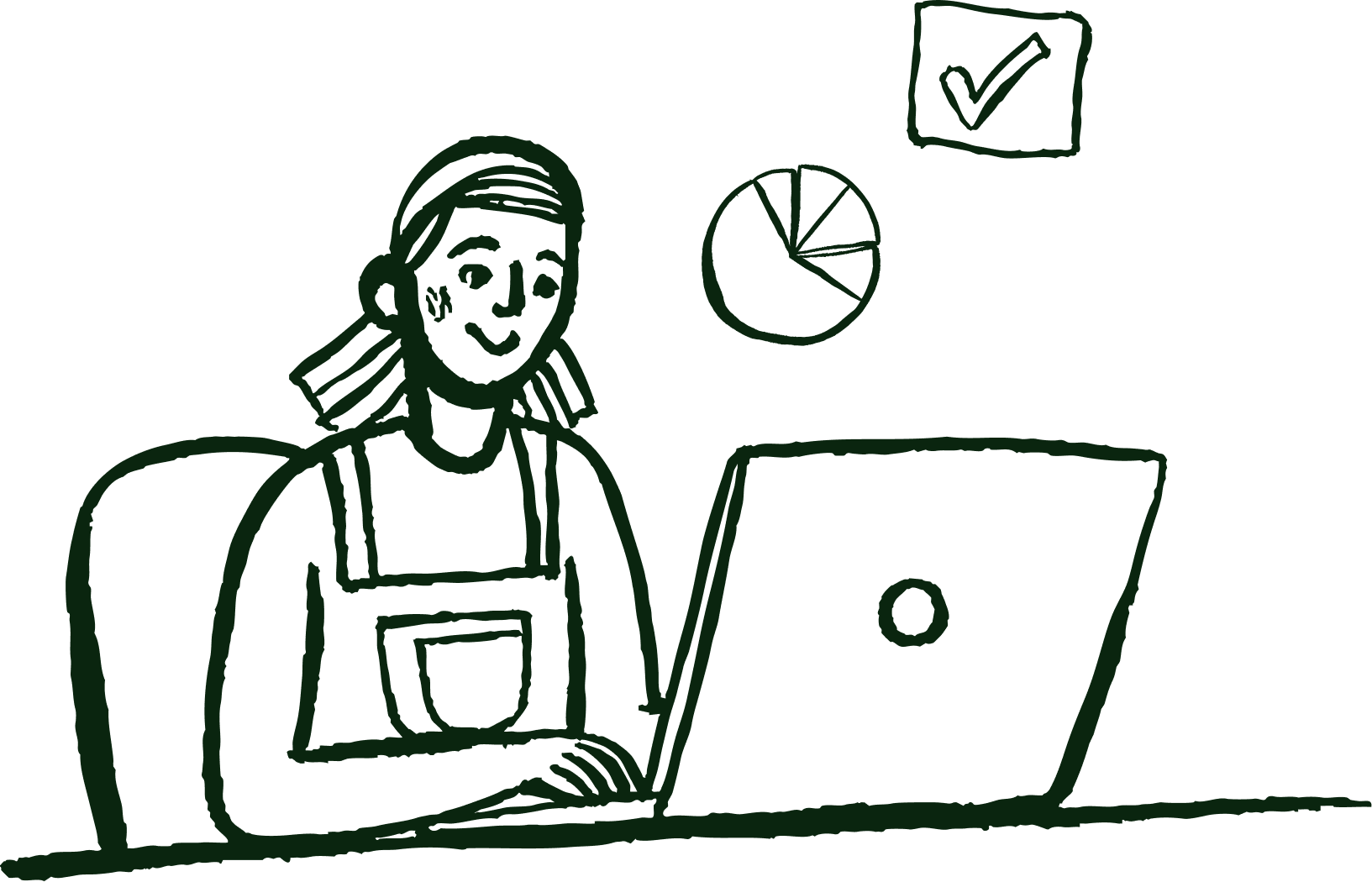 Tegning av en person som arbeider på en bærbar datamaskin med et diagram og et hakemerke i bakgrunnen.