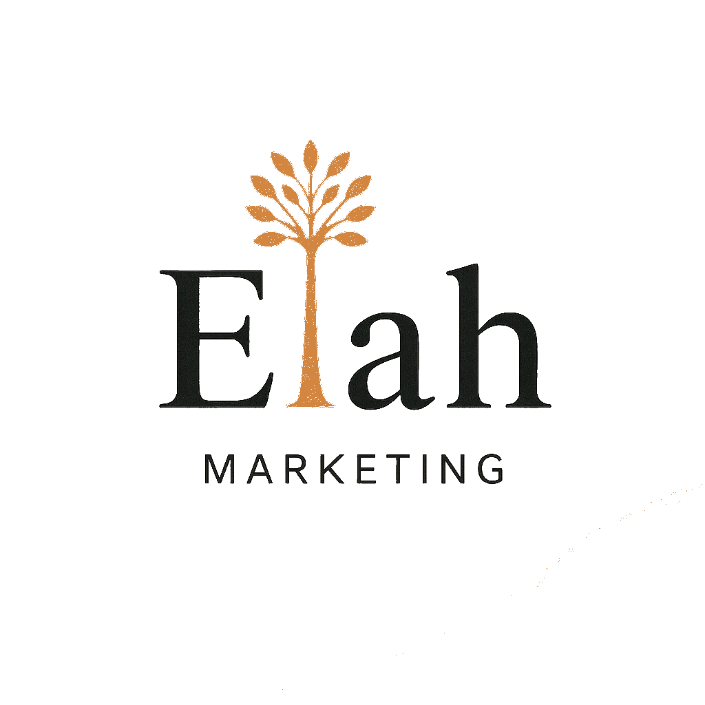 logo featuring the word “Elah” in black serif lettering with a gold tree icon forming the “l,” and “Marketing” written below
