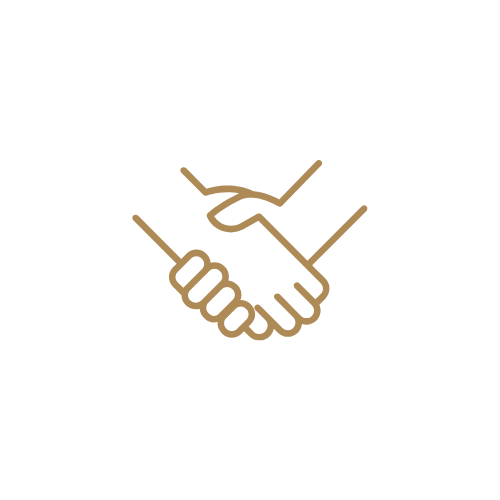 Gold outline icon of two hands shaking, representing partnership, trust, or agreement