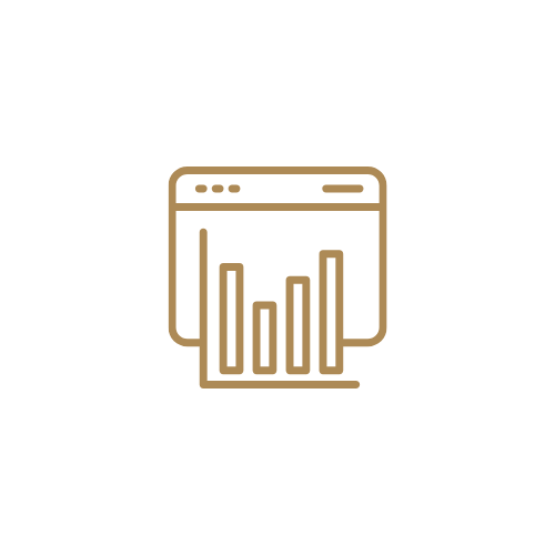 Gold outline icon of a web browser window with a bar chart, representing analytics, reporting, or performance tracking