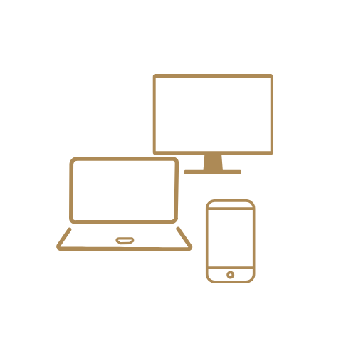 Gold line icon showing a desktop monitor, laptop, and smartphone together, representing responsive design across devices