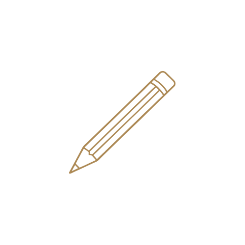 Gold outline icon of a pencil, representing writing, editing, or content creation