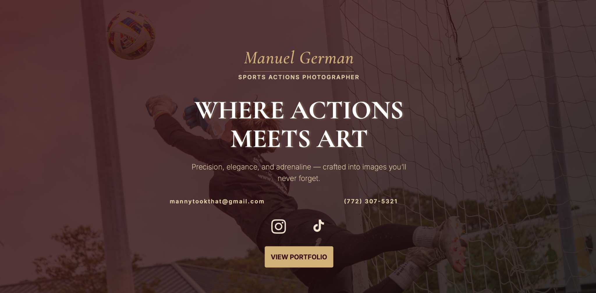 sports action photography portfolio website, showing a soccer goalkeeper diving to make a save near the goal net with a “View Portfolio” call-to-action.