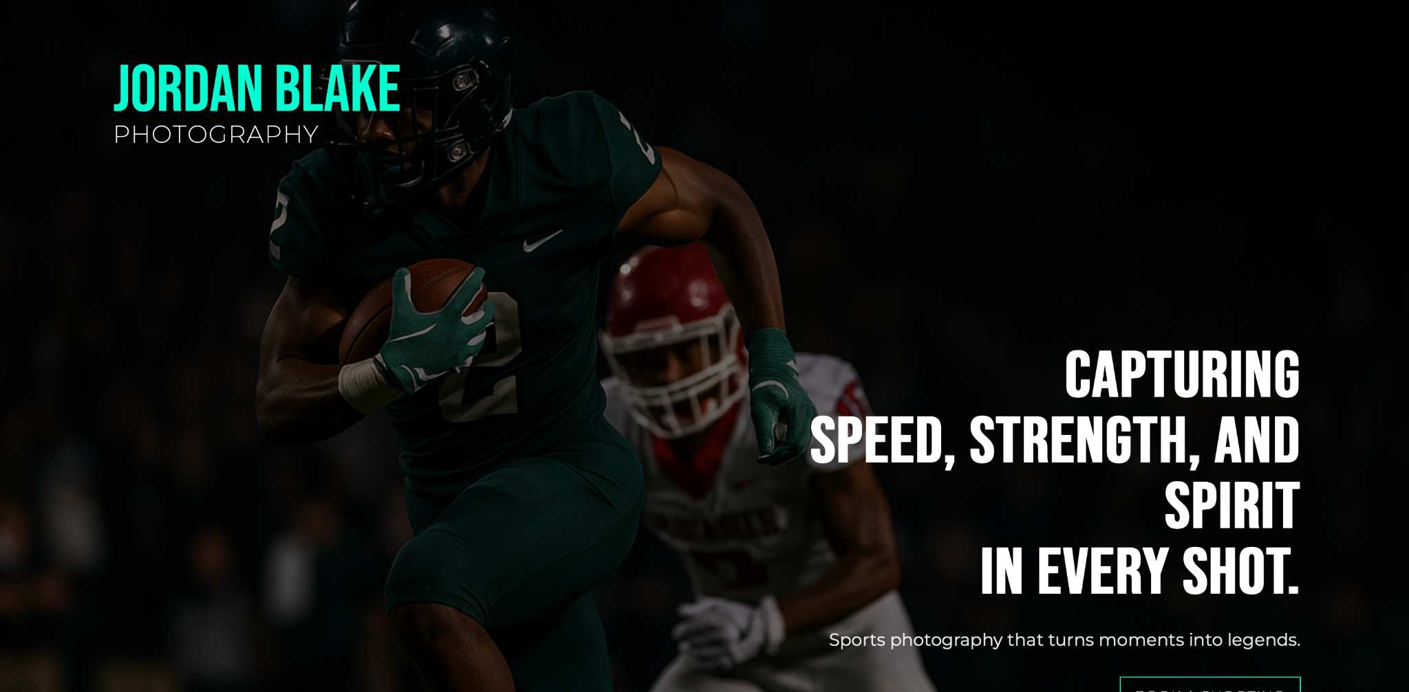 Hero banner for Photography, showing an American football player running with the ball while a defender chases, with the headline “Capturing speed, strength, and spirit in every shot.