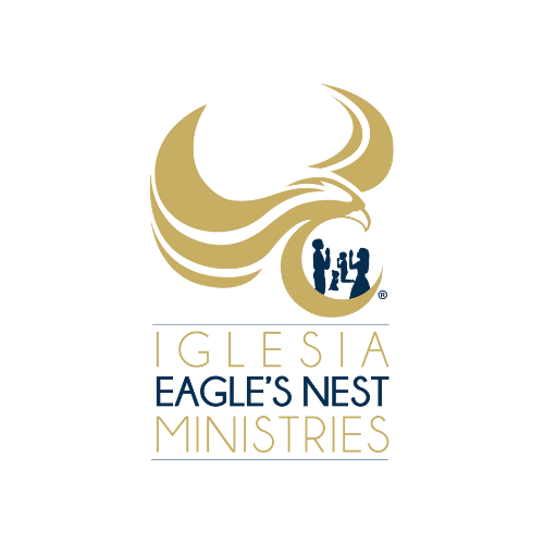 Iglesia Eagle's Nest Ministries logo featuring a gold eagle emblem above the words “Iglesia Eagle’s Nest Ministries” with a small family silhouette