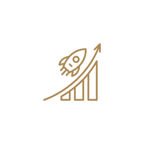 Gold outline icon of a rocket launching above a rising bar chart, representing growth, launch, and project success