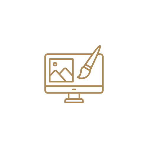 Gold outline icon of a computer monitor with an image thumbnail and paintbrush, representing design and content creation for a project