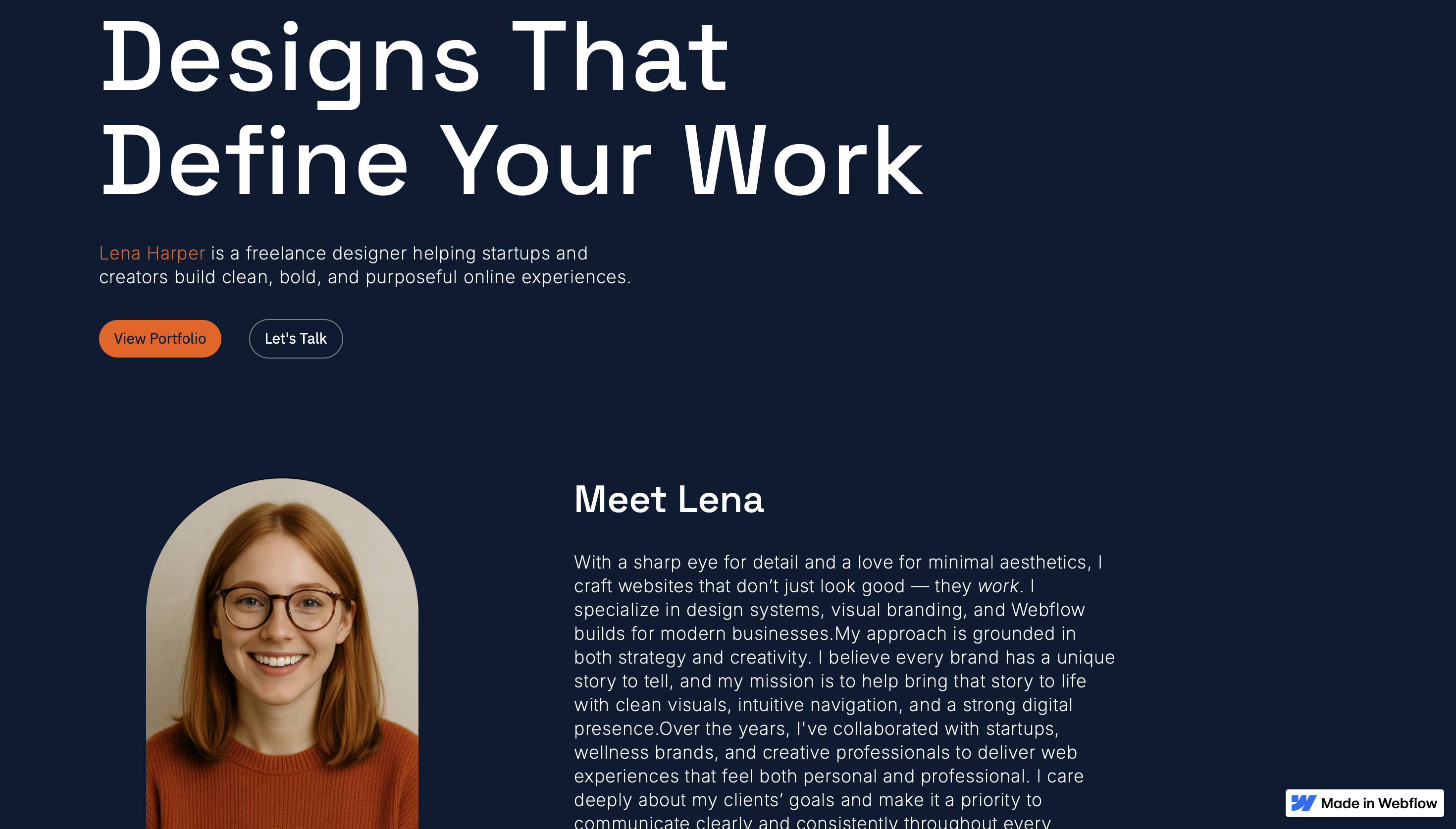 omepage hero and about section of portfolio website, featuring the headline “Designs That Define Your Work,” call-to-action buttons to view the portfolio or talk, and a “Meet Lena” section with her portrait and bio.