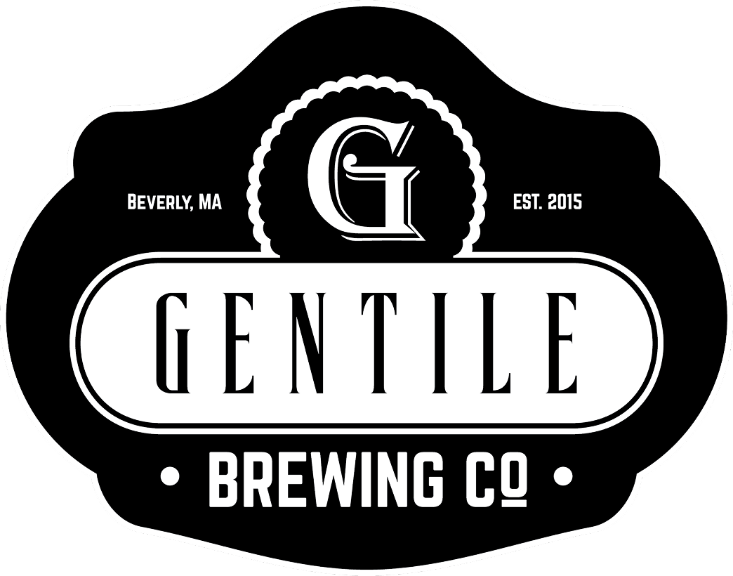 Gentile Brewing Co logo with G initial, Beverly MA, established 2015 in black and white.